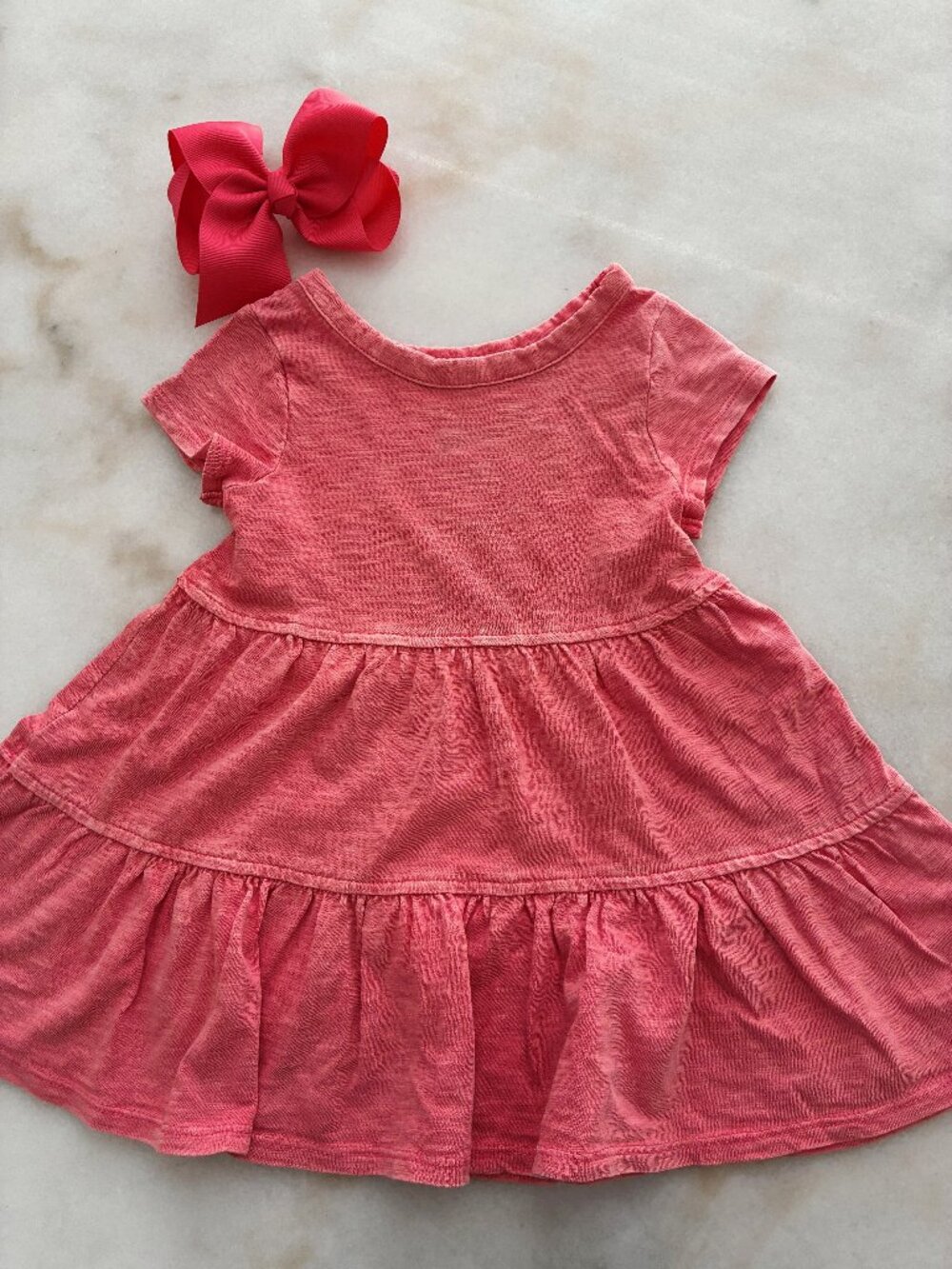 Cat & Jack Toddler Girls Short Sleeve Tiered Dress Coral with Bow 18 Months